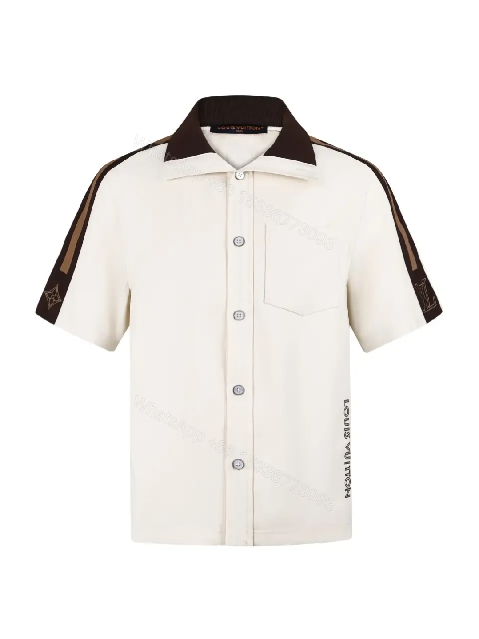 View 5 of Beige Cotton Shirt Jacket with Black Stripes, Louis Vuitton, Short Sleeve, Front Pocket, Classic Style