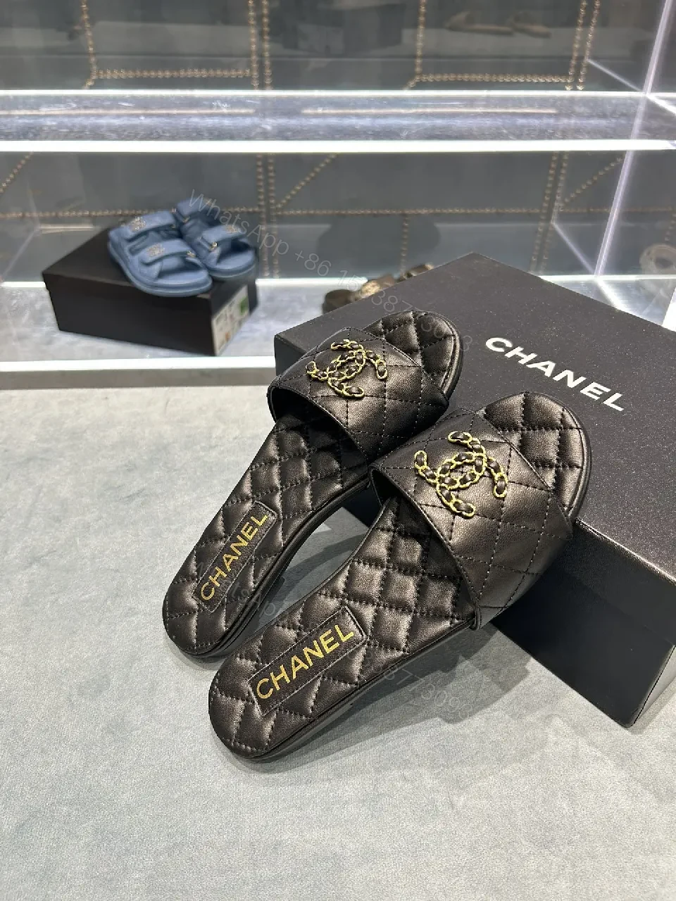 View 6 of Quilted Black Slides with Gold Emblem – Lux Slip-ons