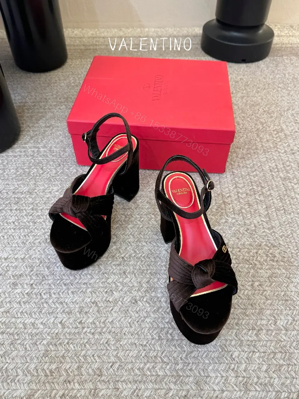 View 5 of Red Velvet Slingback Platform Heels, Block Heel, Valentino Style