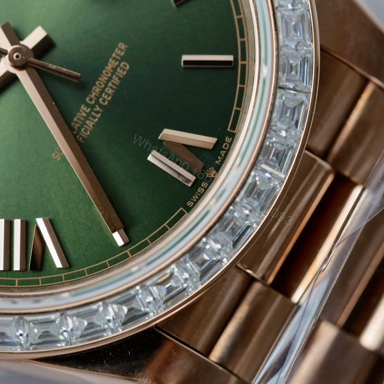 View 5 of Rolex Day-Date 40mm Super Clone Green Dial Gold Wrapped + Moissanite Baguette Diamonds