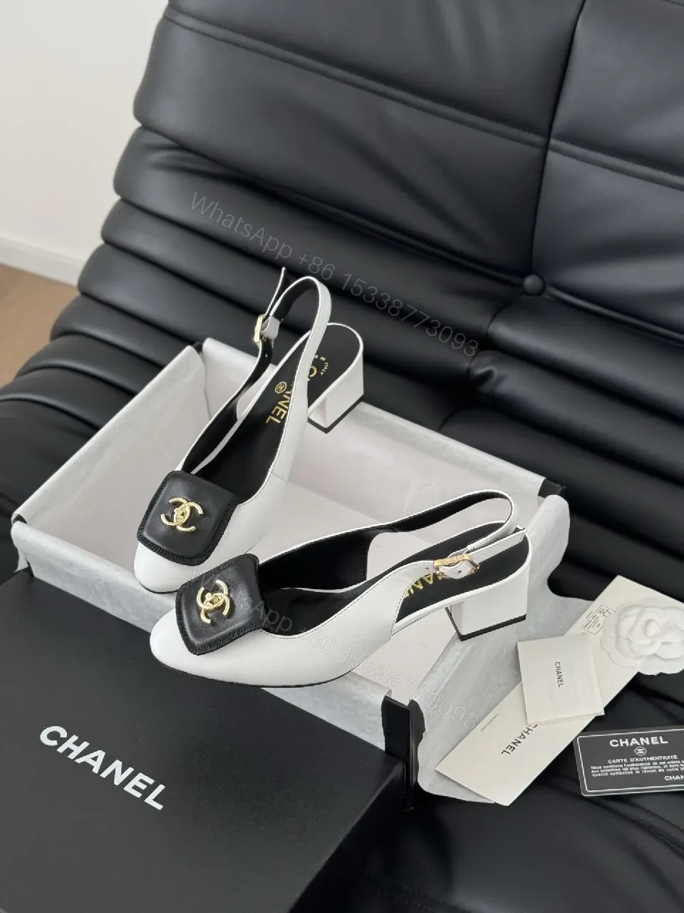 View 9 of Black & White Leather Slingback Pumps, Gold Accent, Square-Toe, Comfort Mid-Heel