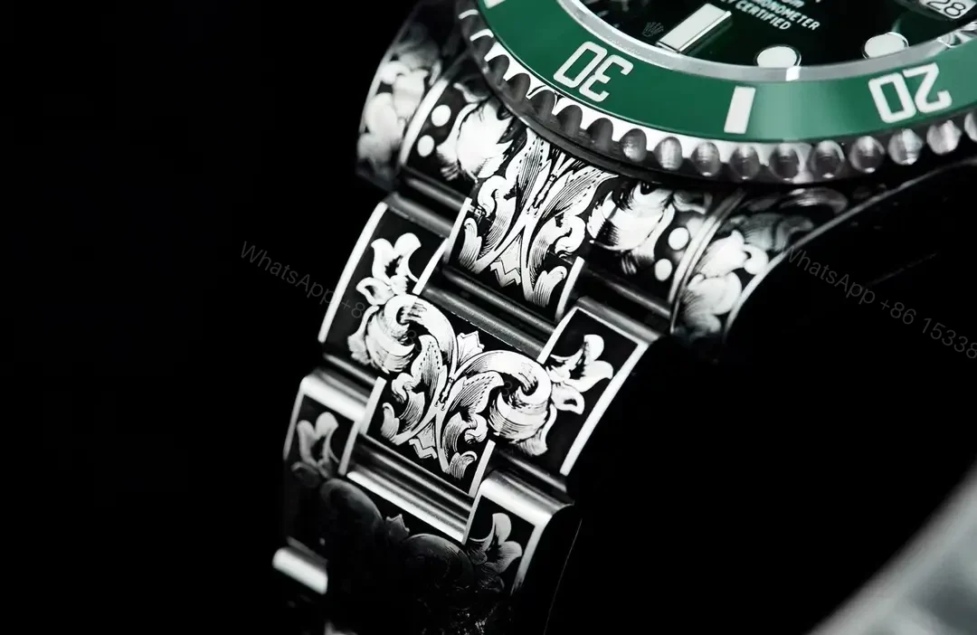 View 2 of Best Rolex Submariner Hand-Carved Green replica 40MM Engraved Steel Bracelet Edition RG-SUB-HANDCARVED-GREEN-BRACELET-40