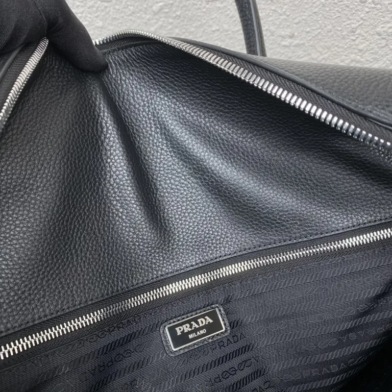 View 2 of Structured Black Pebbled Leather Carryall: Prada-inspired Luxury Tote