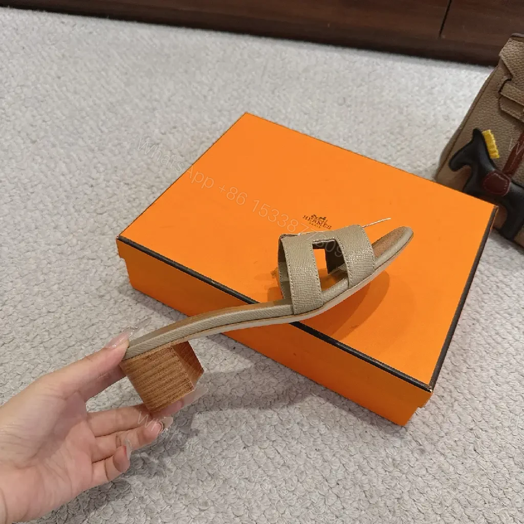 View 2 of Beige Leather Hermes H-Style Slide Sandals