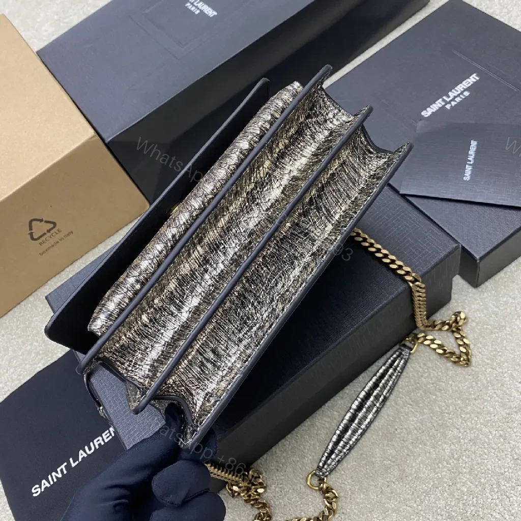 View 3 of Metallic Textured Wallet-On-Shoulder Bag with YSL Hardware