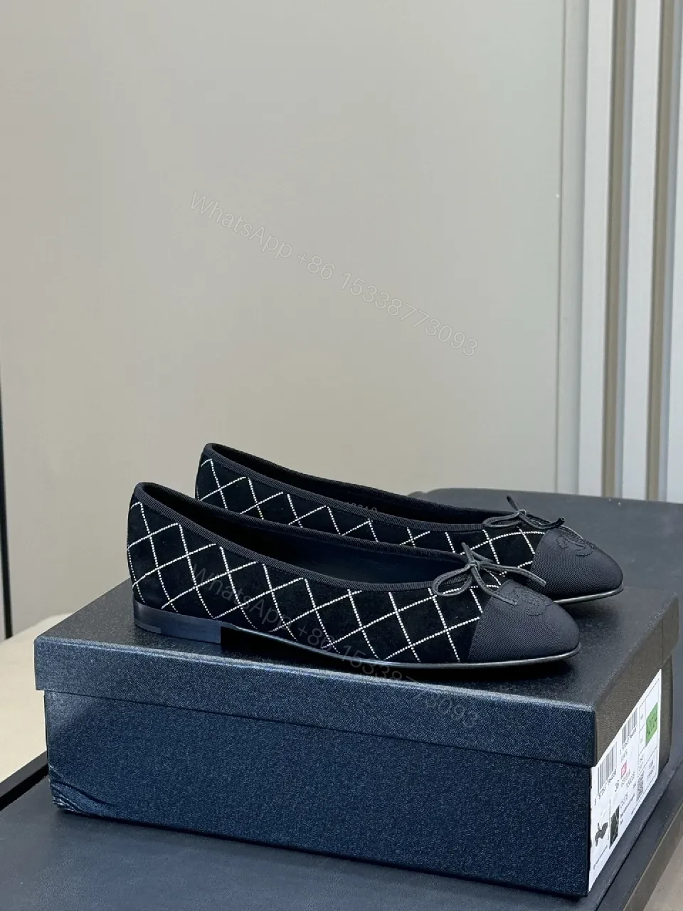 View 5 of Black Diamond-Grid Ballet Flats, Flat-Soled Comfort