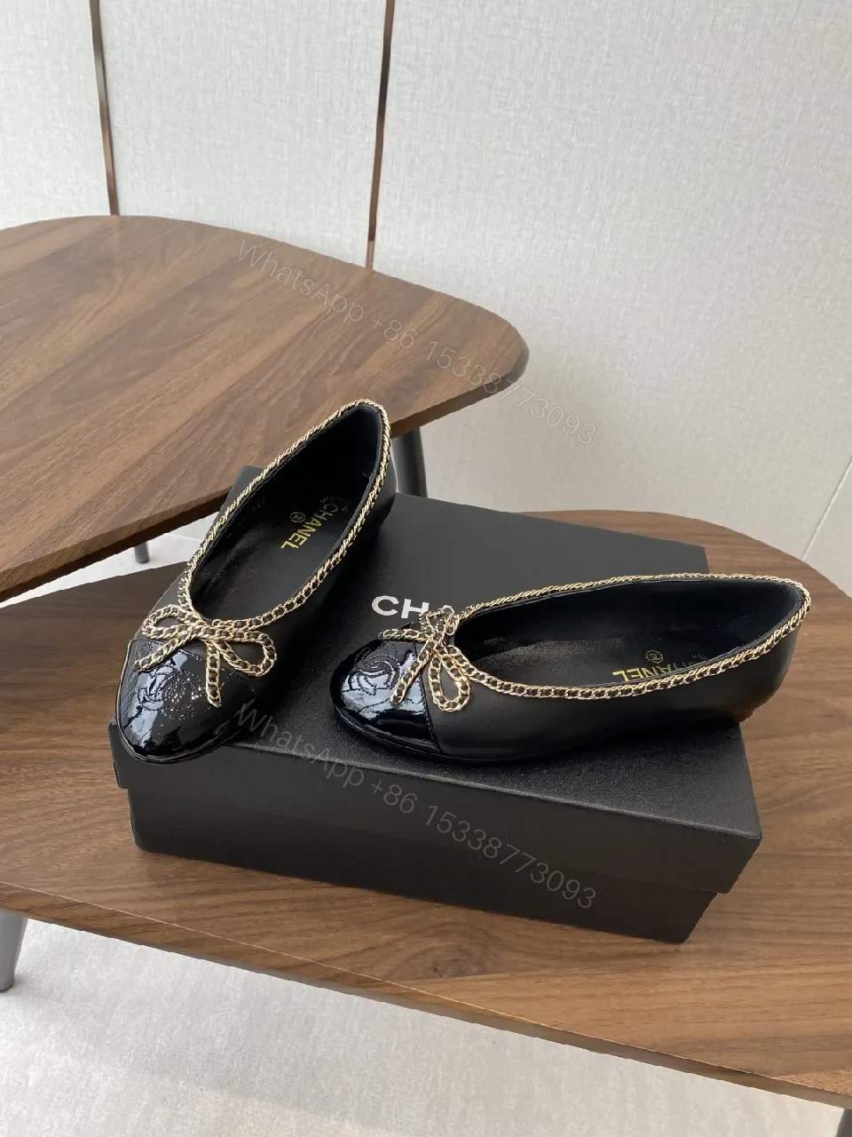 View 8 of Black Leather Ballet Flats with Chain Bow Accent - Luxe Style