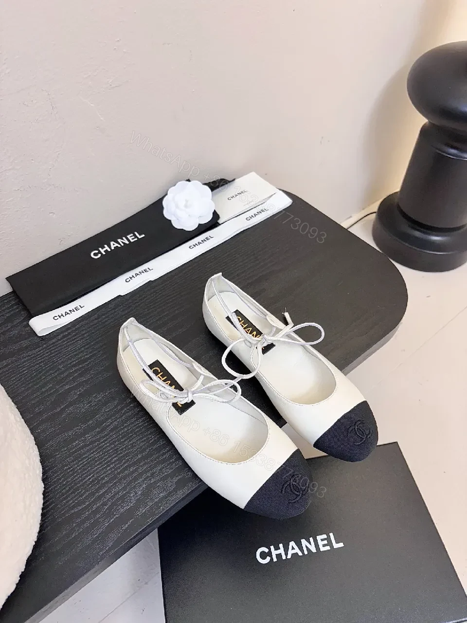 View 3 of White/Black Two-Tone Ballet Flats – Crisscross Lace, Cushioned Comfort, Flat Shoes