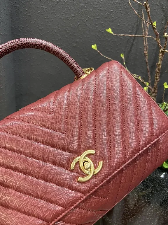 View 4 of Burgundy Chevron Leather Handbag with Gold Emblem Chanel-Inspired