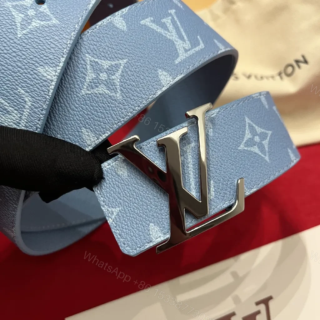 View 4 of Light-Blue Pebbled Leather Belt with Monogram Detail