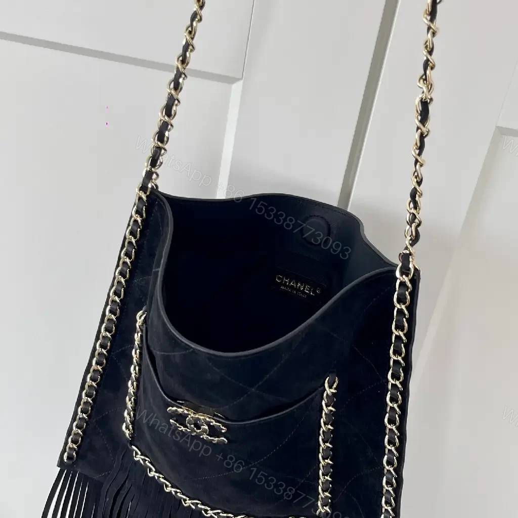 View 8 of Quilted Suede Fringe Tote: Luxe Chanel-Inspired
