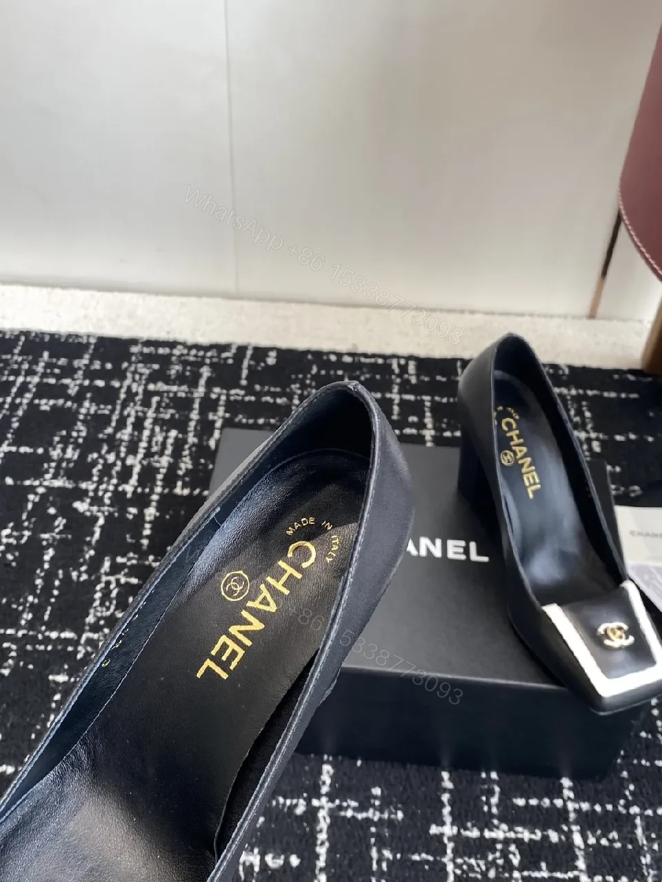 View 4 of Chic Black Leather Heels with White Trim Detail Pumps