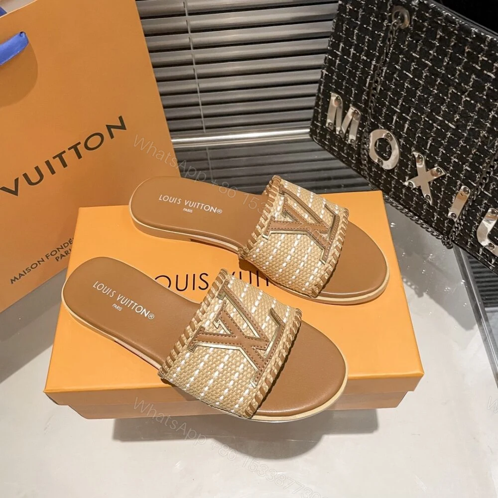 View 3 of Louis Vuitton Lock It Flat Raffia Mules Brown