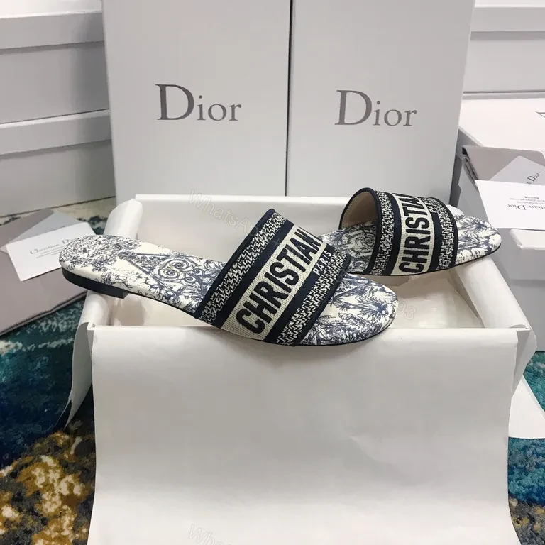 View 7 of Blue-White Patterned Dior Paris Slides - Luxury Everyday Wear