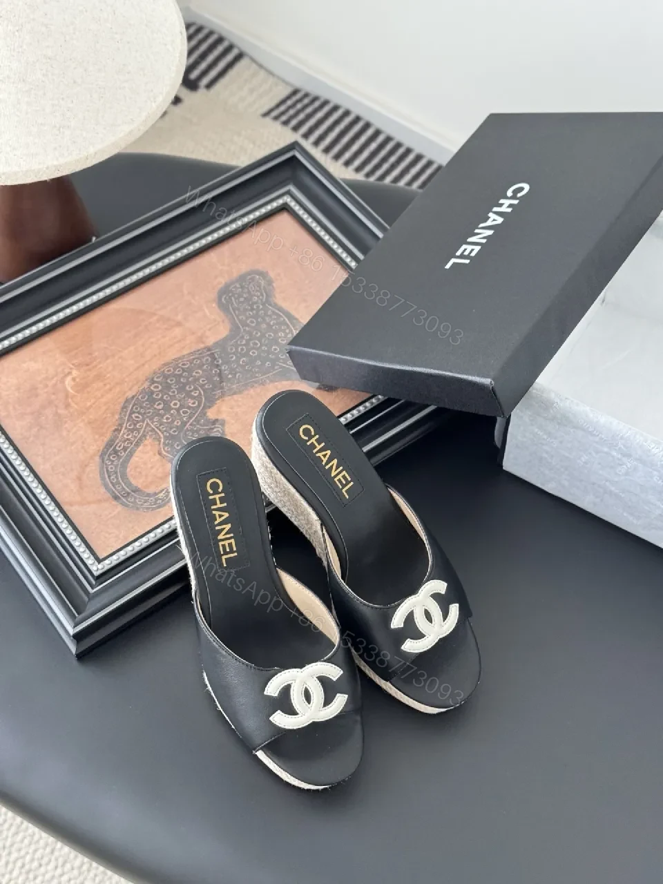 View 3 of Black Leather Espadrille Wedges, Signature Logo, Cushioned Comfort