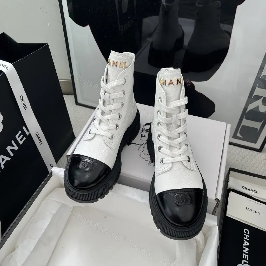View 9 of Two-Tone Combat Boots: Luxe Urban High-Top with Logo Details