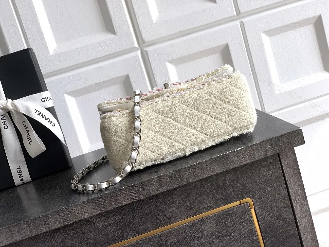View 9 of Quilted Mini Bag: Ivory-Texture Couture, Floral Edge, Chain