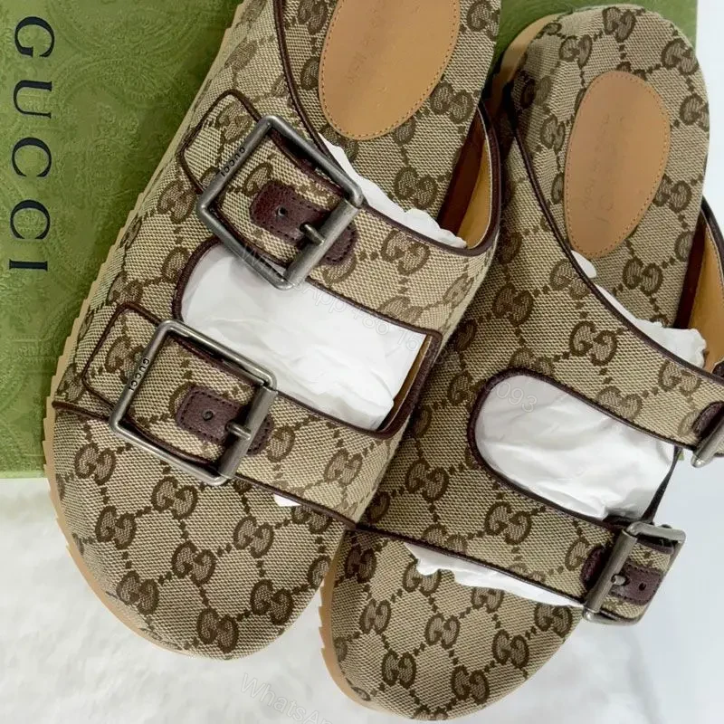 View 2 of GUCCI monogram canvas slide sandals