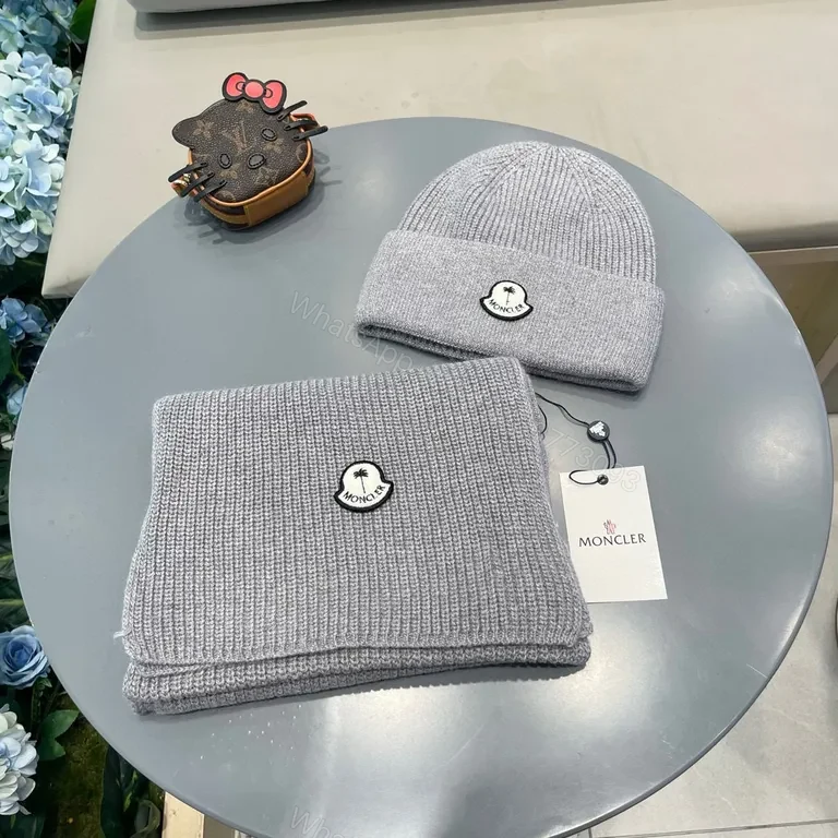 Cozy Knit Beanie & Scarf Set â€” Moncler Luxe, Gray, Premium Knit — view 1