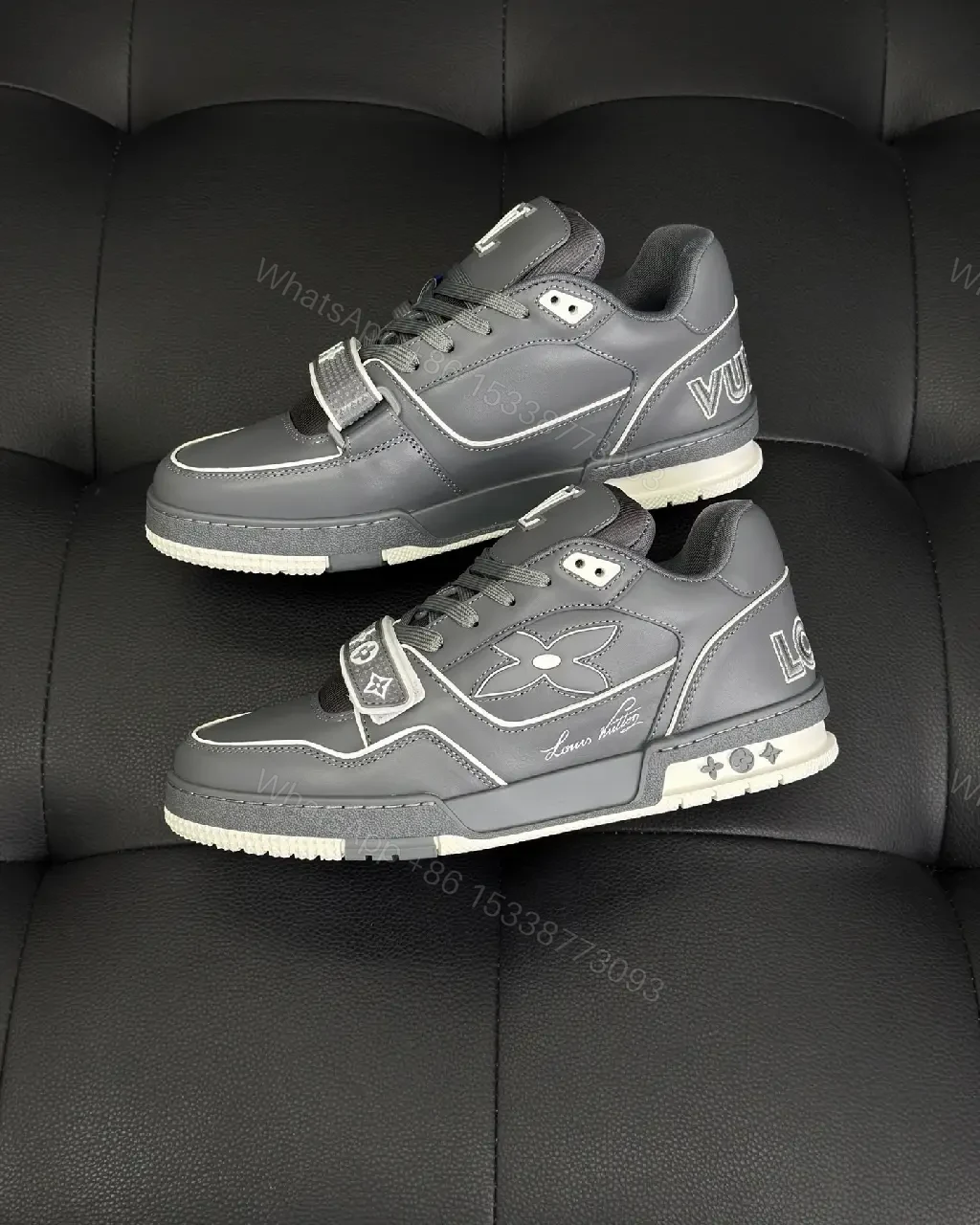 View 9 of Grey Leather Structured Sneakers with Velcro Detail