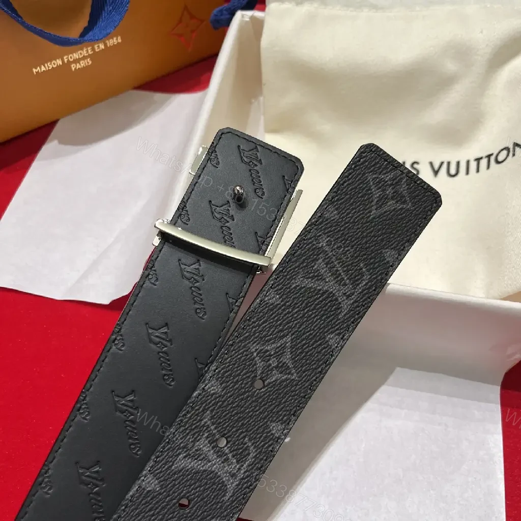 View 8 of Black Leather Belt, Embossed LV Motifs, Polished YSL-Style Buckle