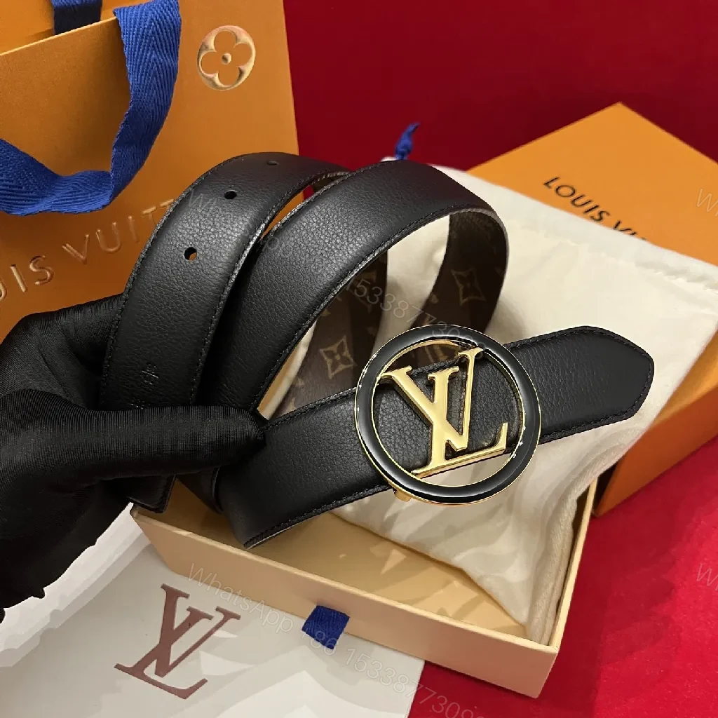 View 2 of Bold Leather Belt with Gold Logo Buckle - Premium Style Belt