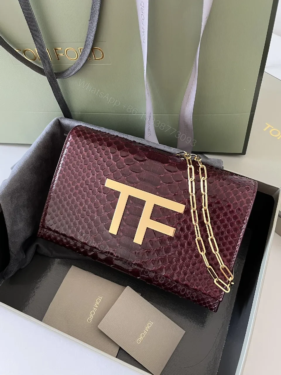 View 7 of Burgundy Python Textured Clutch with TF Gold Hardware