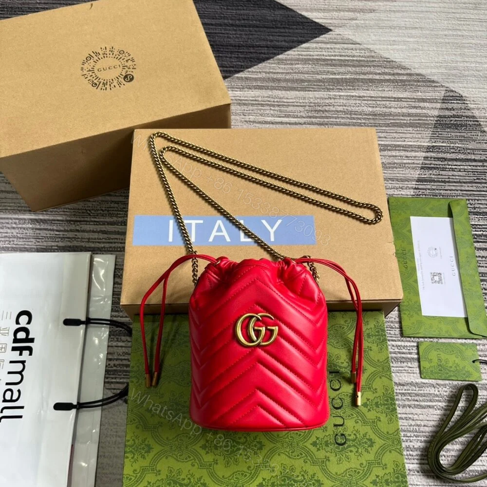 View 2 of Gucci GG Marmont Matelassé Chevron Mini Bucket Bag Red 13Cm 575163 DTDHT 6832
