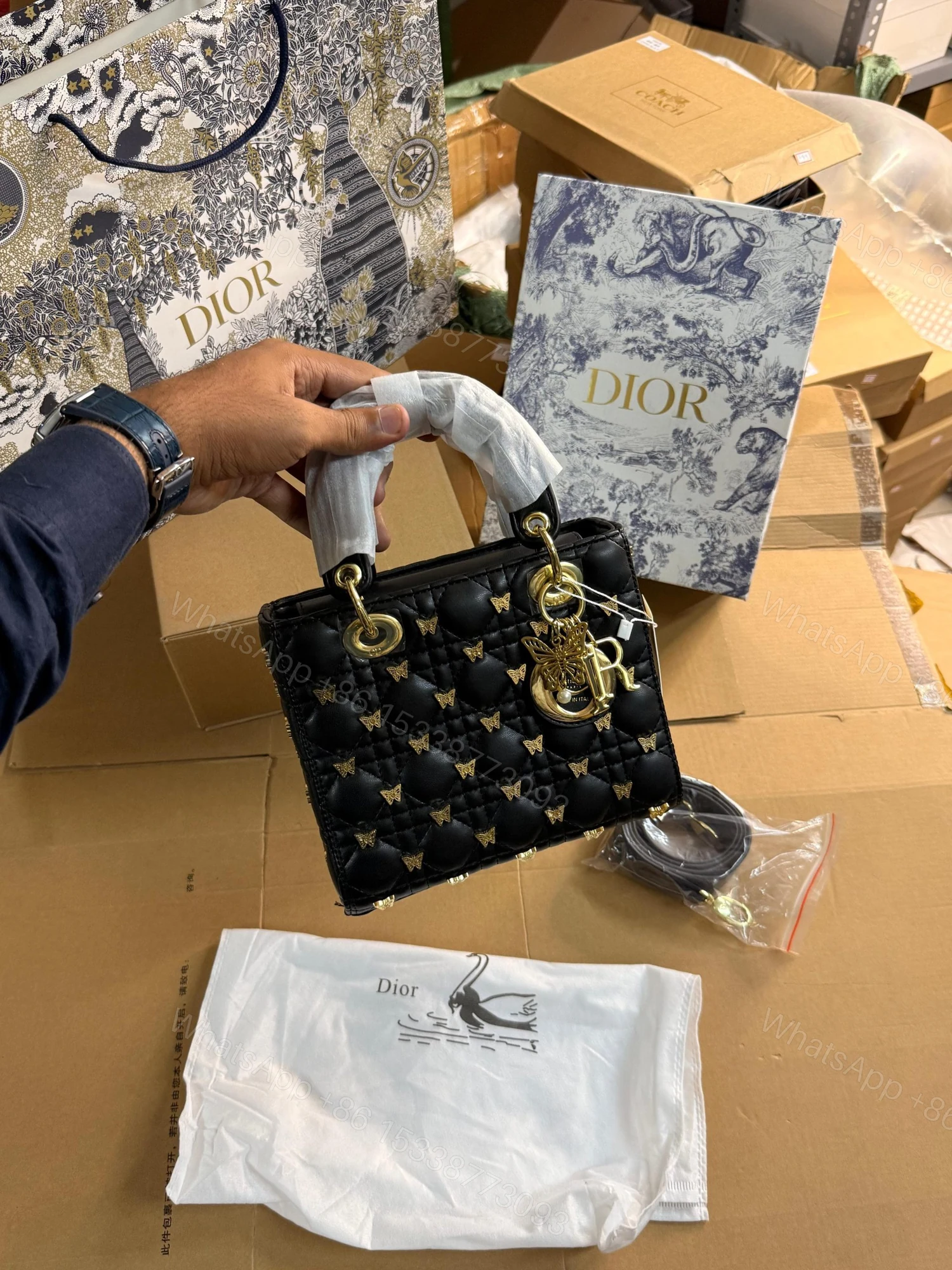 View 4 of Christian Dior Lady Dior Cannage Butterfly Studs Bag First Copy | AAA+ Replica