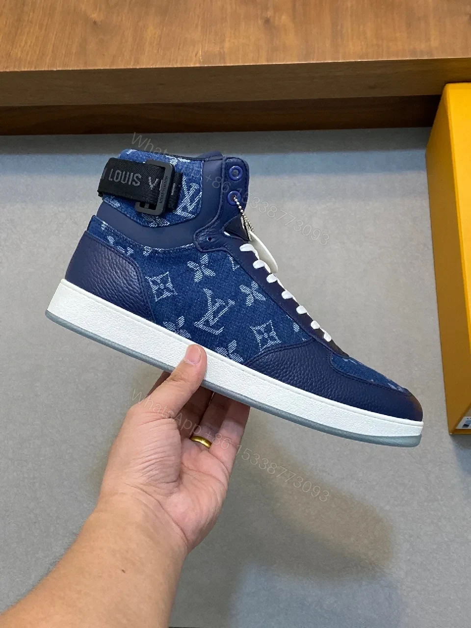 View 7 of Blue Patchwork Leather-Textile High-Top Sneakers with Monogram Feature