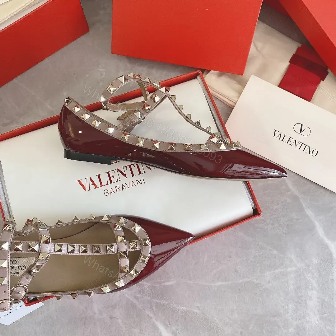 View 6 of Valentino Women Burgundy Patent Leather Studded Flats
