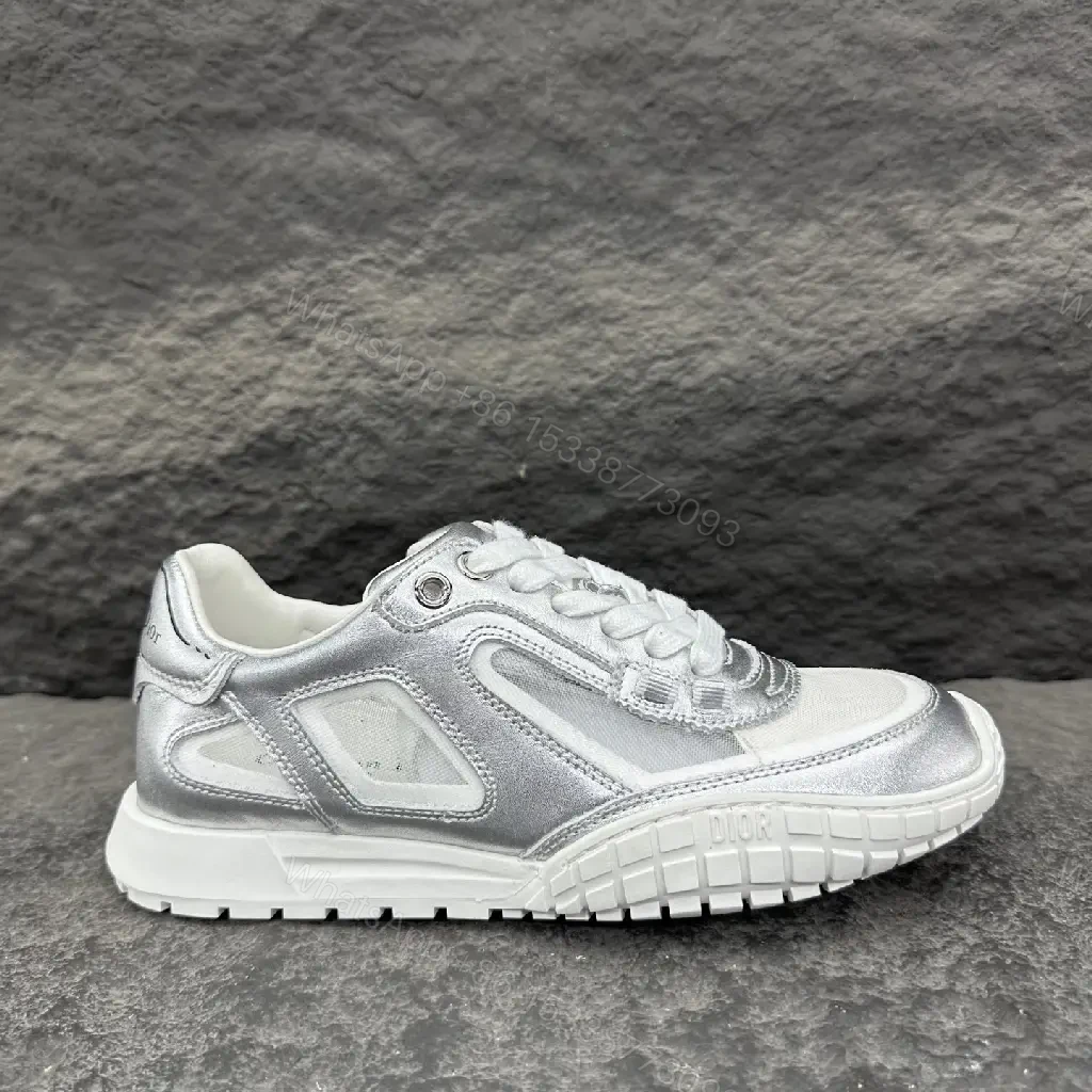 View 6 of Silver Metallic Leather Trainers with Mesh Panels, Chunky Sole, Dior-Style Motif Sneaker