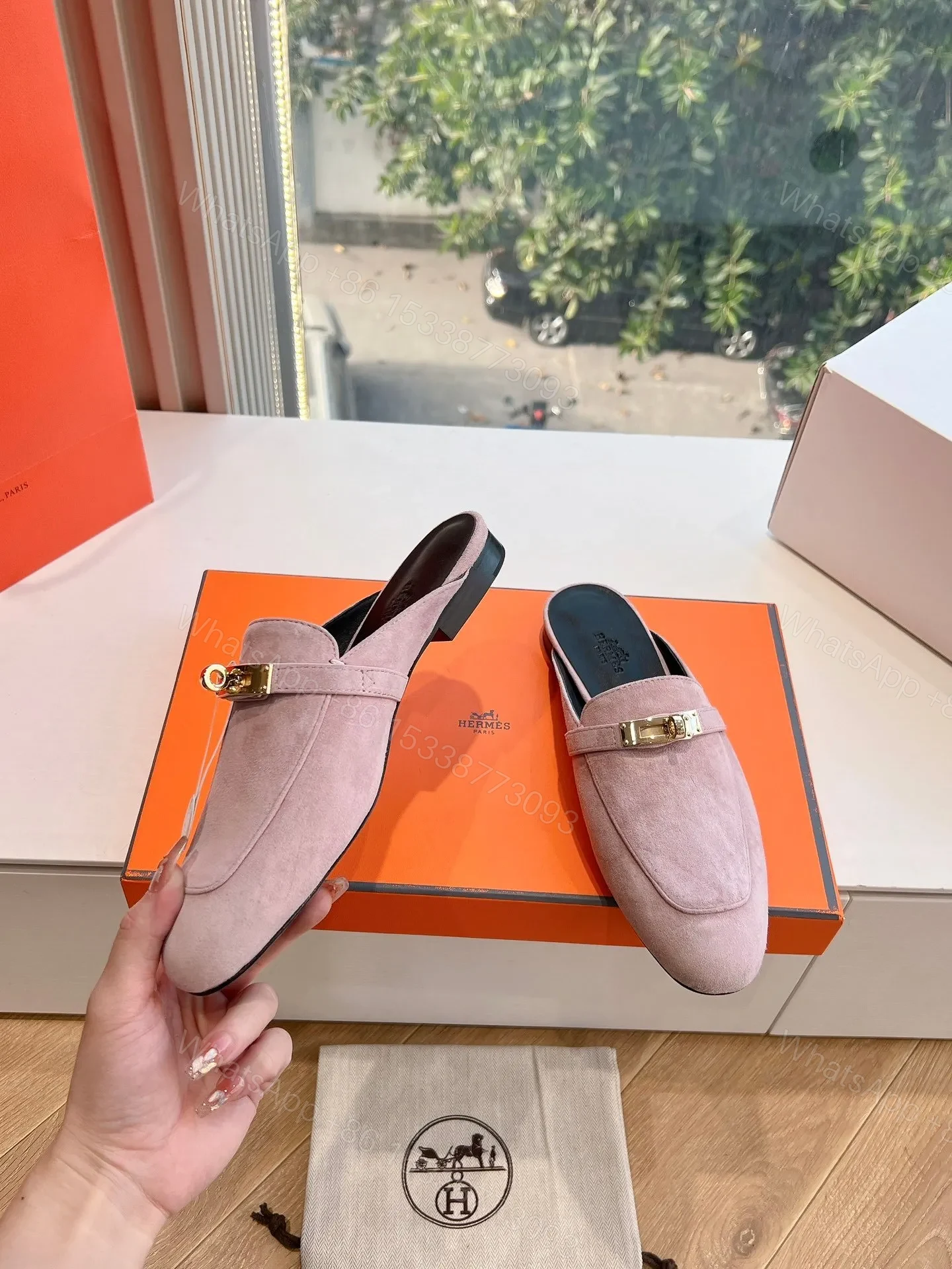 View 6 of Hermes Women Pink Suede Mules