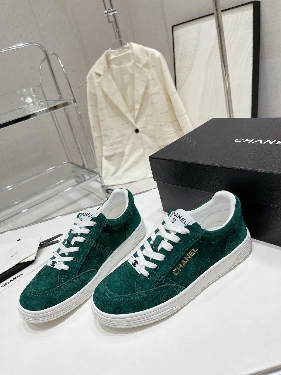 View 3 of Green Suede Sneakers with Signature Detailing, Luxe Casual Wear