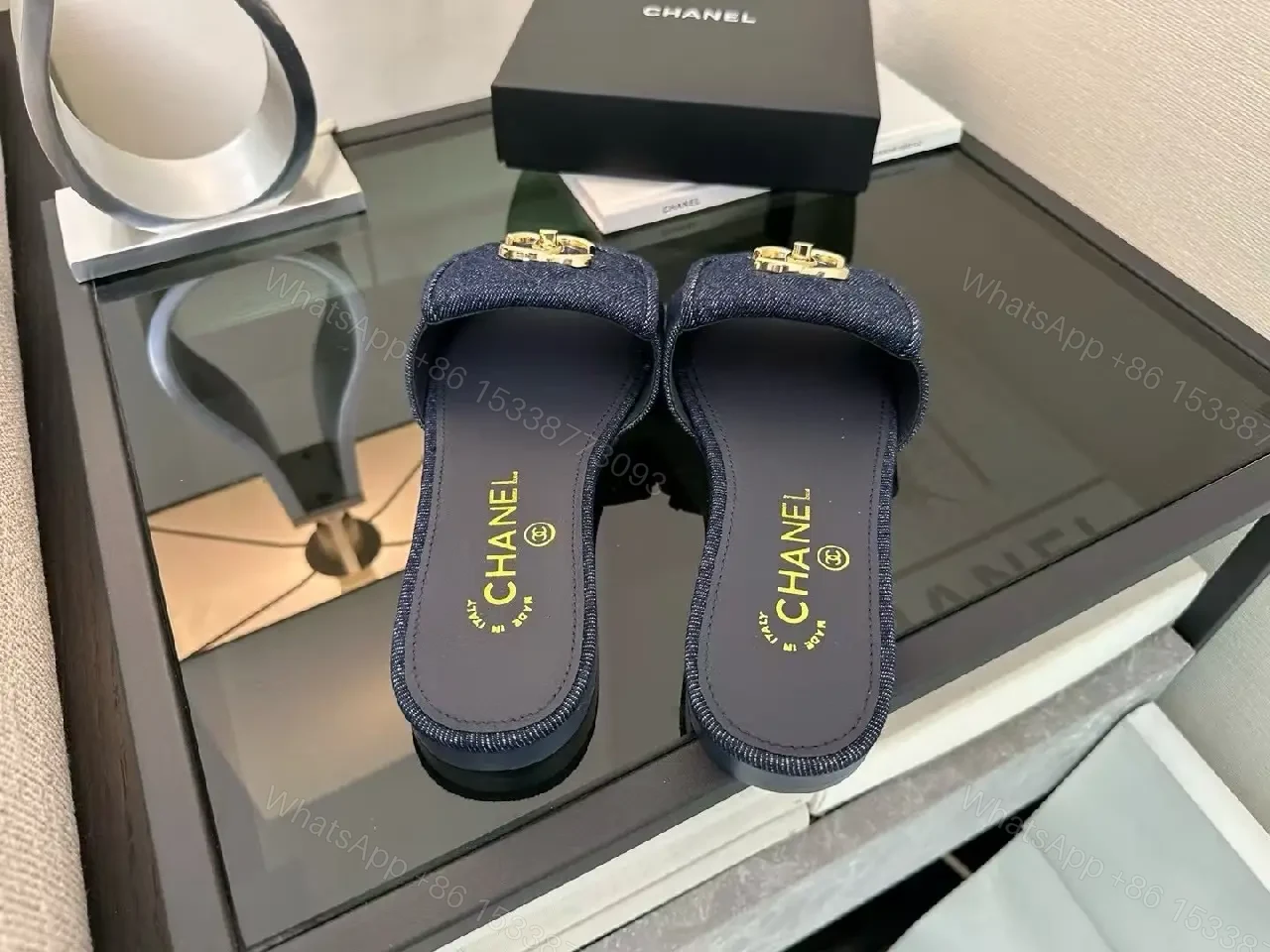 View 3 of Denim Slides with Gold Emblem – Luxe Casual Comfort