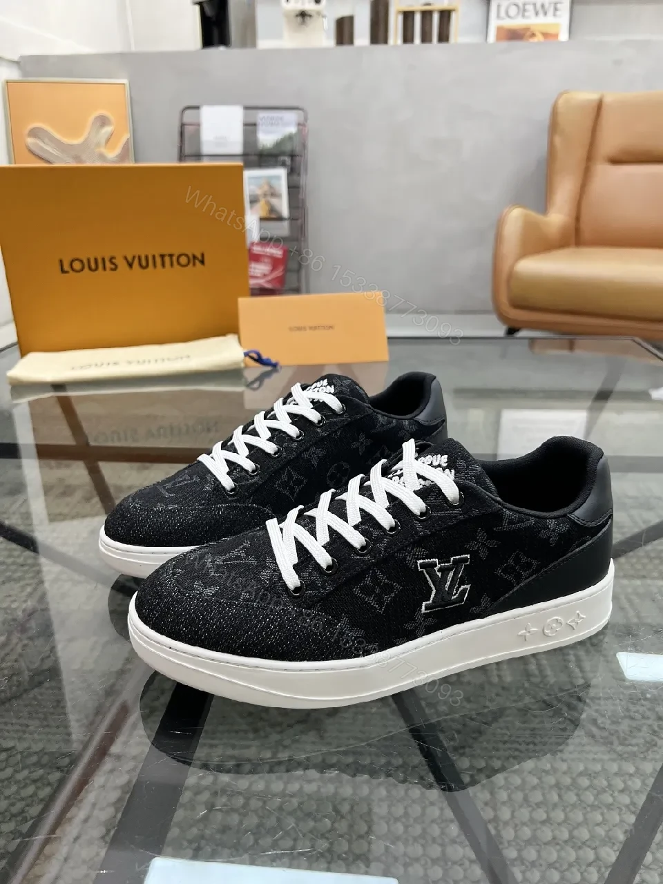Denim-Texture Sneakers with LV-Inspired Embroidery, All-Day Comfort — view 1