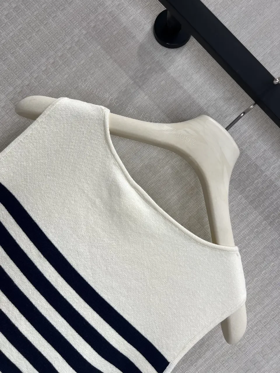 View 4 of White Navy Stripe Sleeveless Knit Tank Top - Dior Logo Patch Upgrade