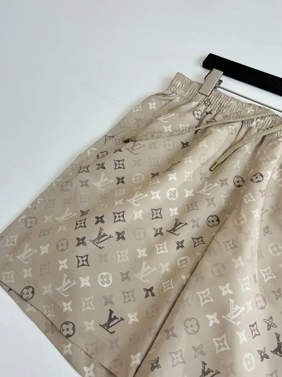 View 9 of Beige LV Monogram Print Linen Shorts Casual Comfort Jogger shorts