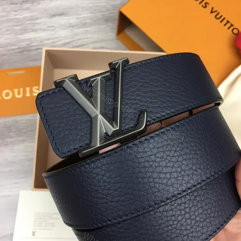 View 9 of Navy Leather Belt: LV Silver Buckle, Pebble-Grain Calfskin, Luxury Style, Premium All-Day Wear, Belt