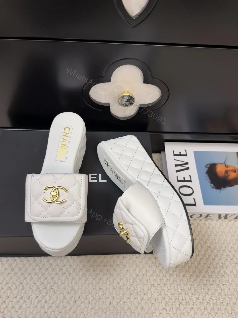 View 8 of White Quilted Slide Sandals with Gold Logo, Luxury Comfort