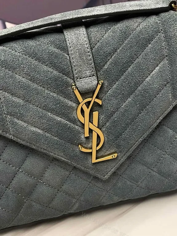 View 4 of Chevron-Quilted Suede Shoulder Bag with Gold YSL Hardware