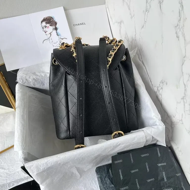 View 9 of Chanel-Inspired Quilted Leather Backpack with Gold Hardware