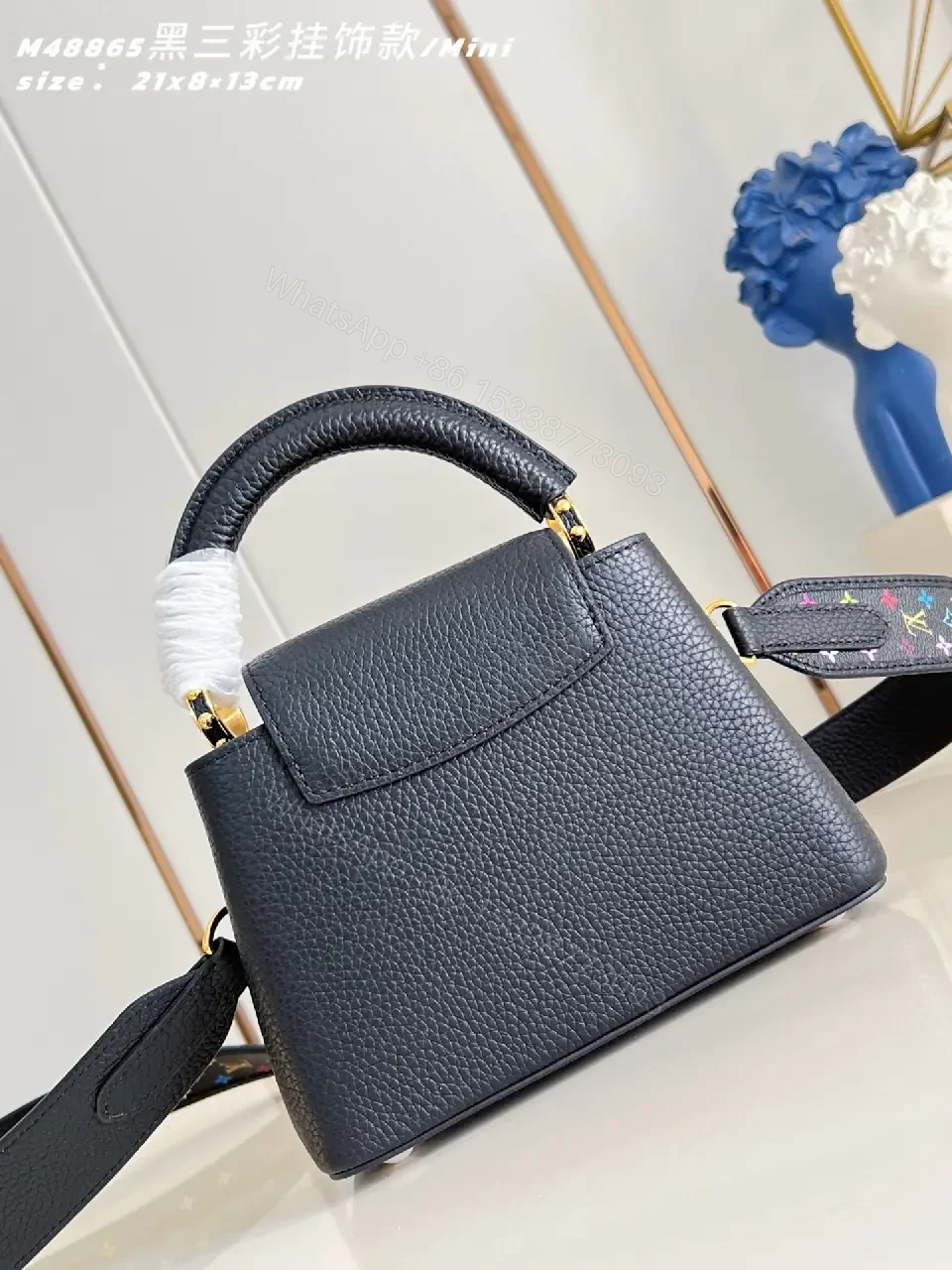 View 4 of Mini Black Satchel: Pebbled Leather, Gold Hardware, Bold Accent