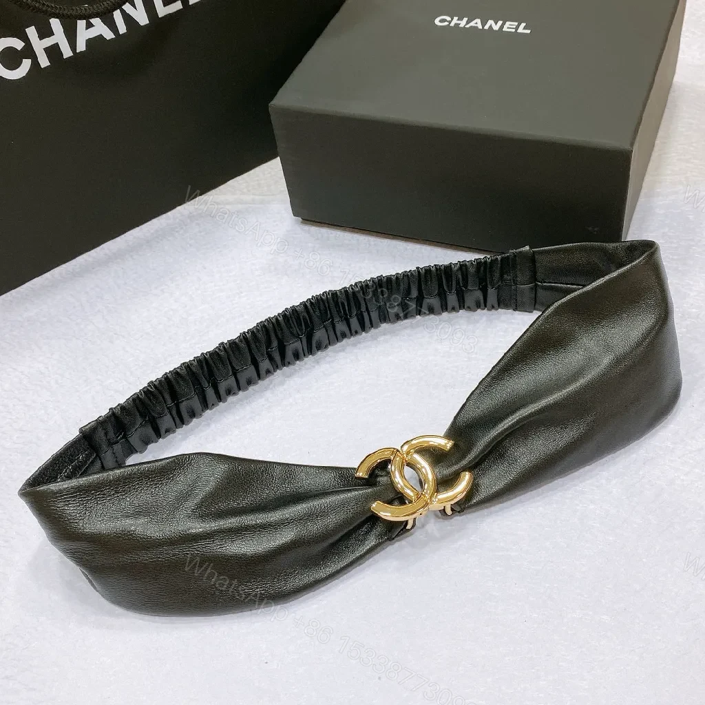 View 8 of Leather-Accent Headband with Gold Logo, Luxe Gathered Style