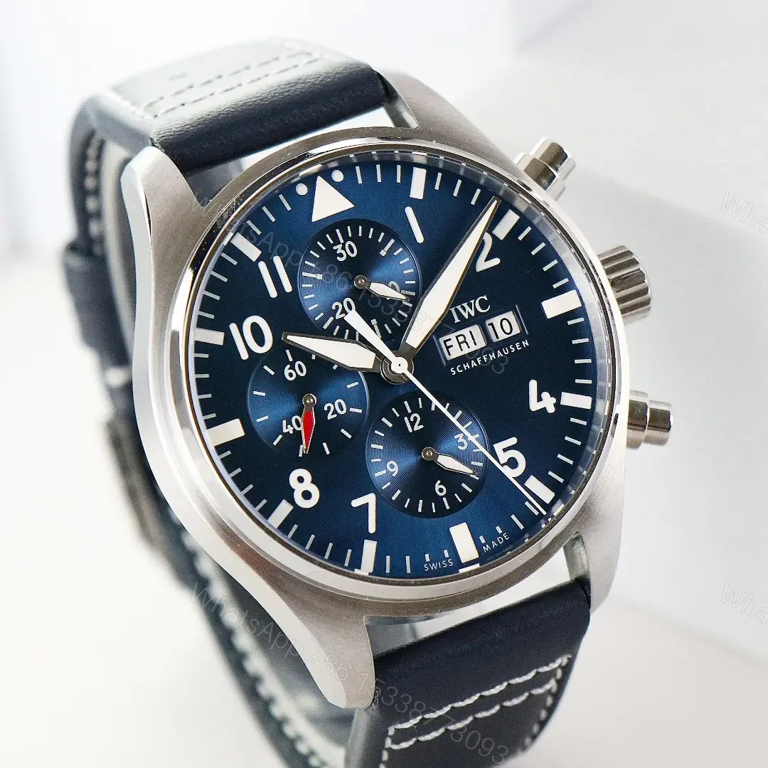 View 2 of IWC Pilot Chronograph Watch Blue Dial Black Leather Strap Ultimate 43MM IW3780031