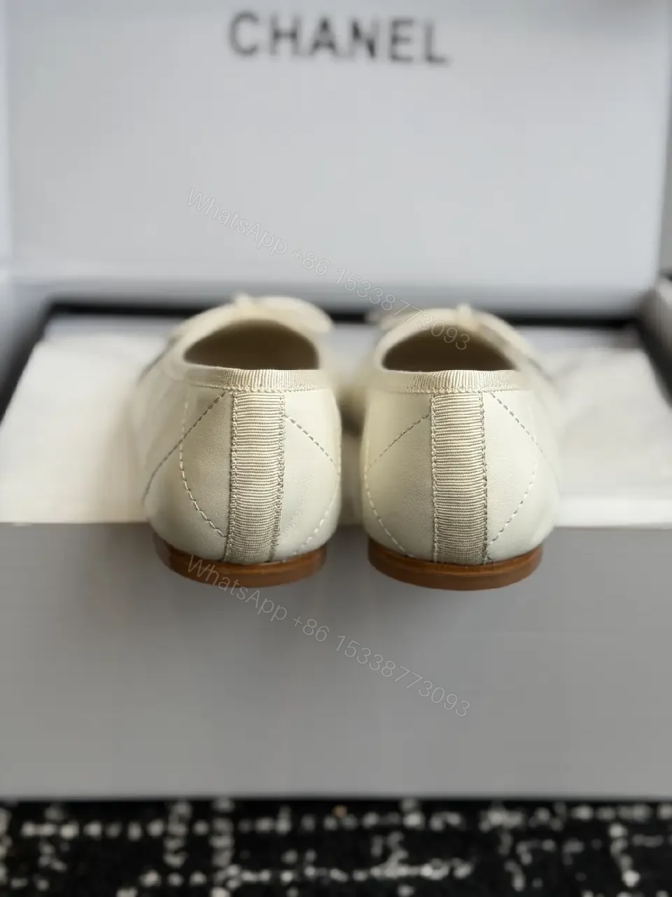 View 8 of Cream Leather Ballet Flats Pearl Bow Chanel Logo