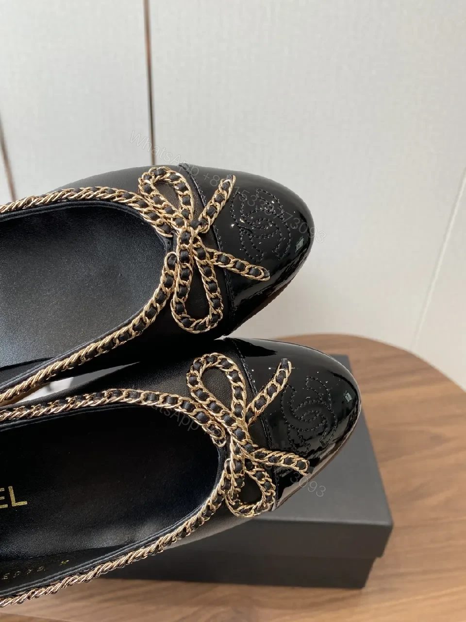 View 9 of Black Leather Ballet Flats with Chain Bow Accent - Luxe Style
