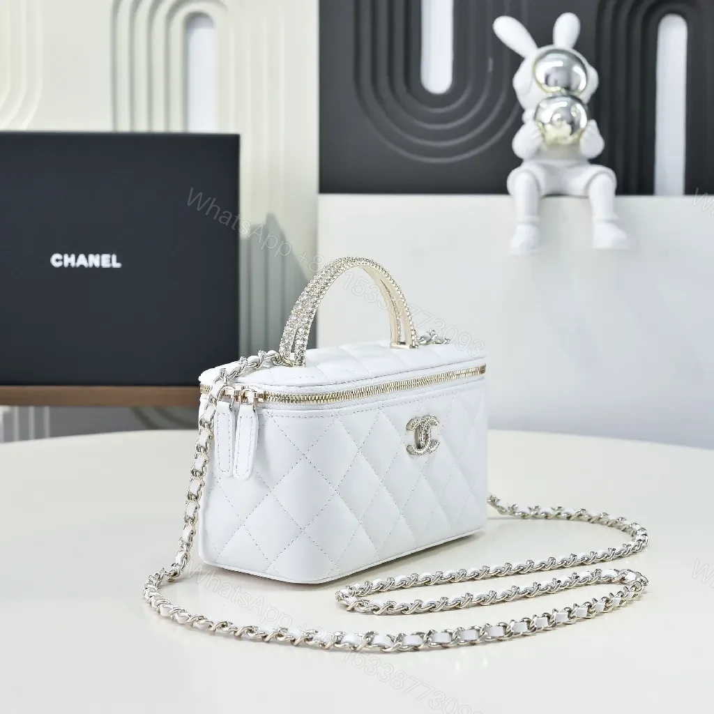 View 8 of Compact White Quilted Crossbody with Silver Chain Emblem