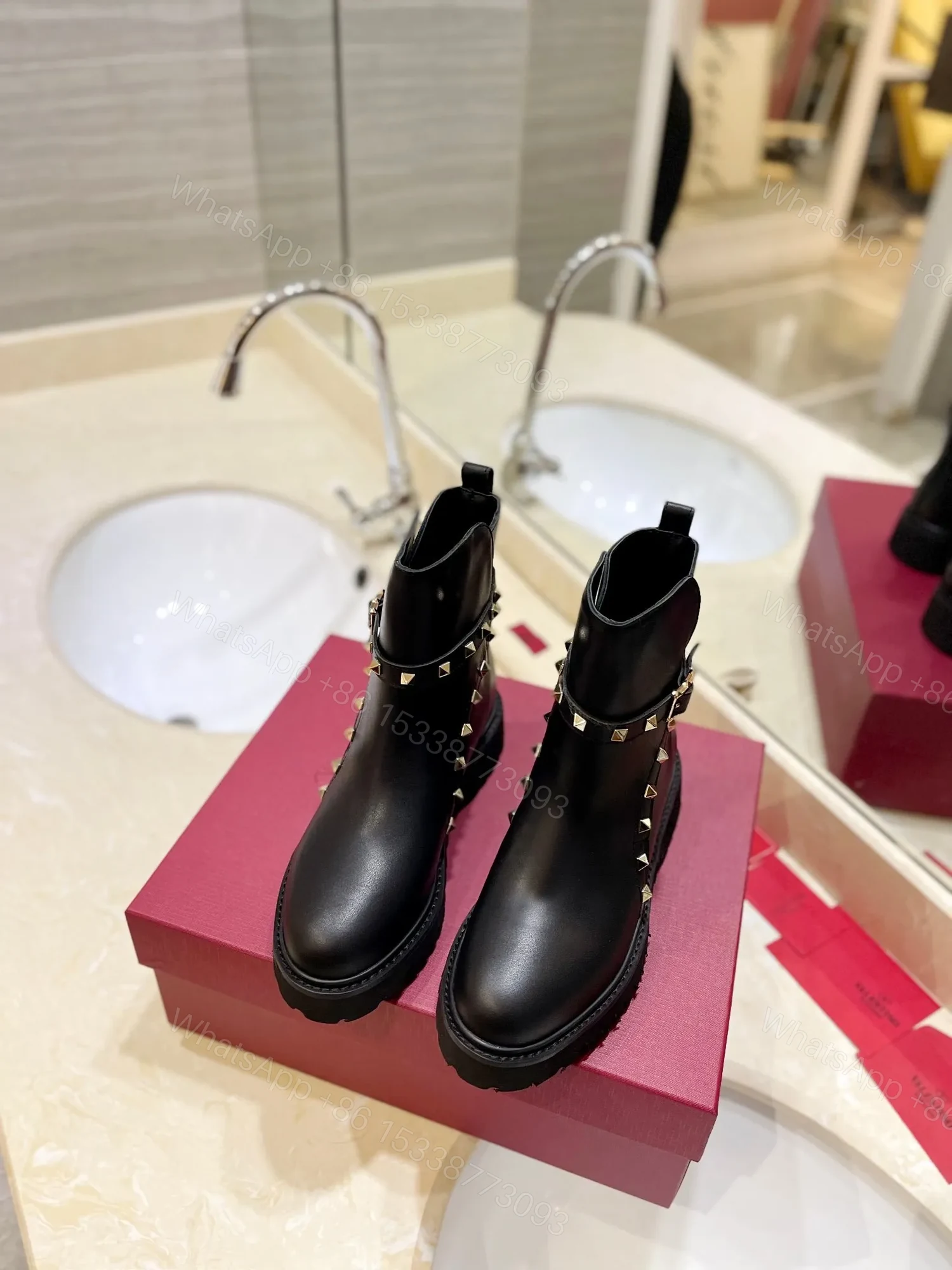 View 4 of Valentino Women Black Leather Studded Boots