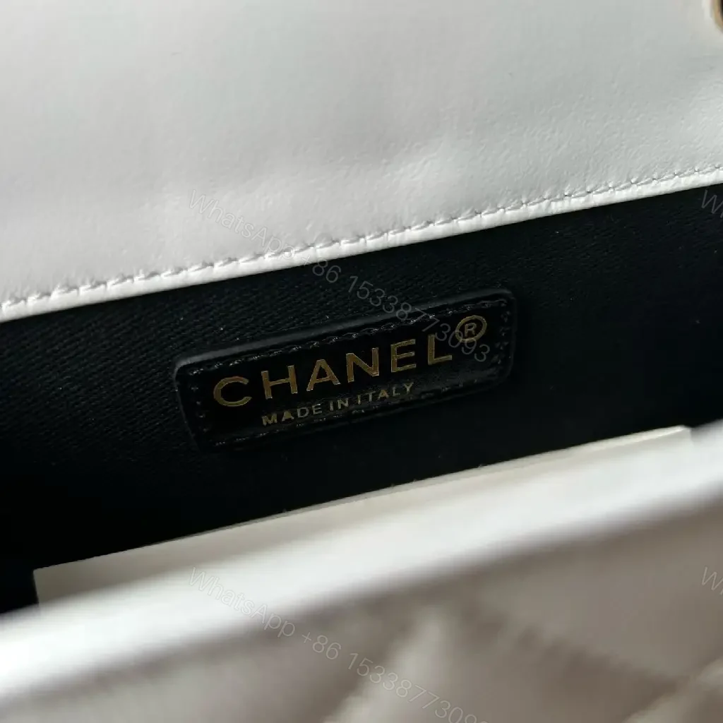 View 3 of White Leather Quilted Flap Bag with Chain Trim, Gold Logo